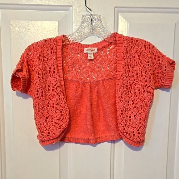 Cat & Jack, Cardigan, Cropped, Sz Lg 10/12, Coral, Pink, Orange, Knit, Sweater - Picture 1 of 8